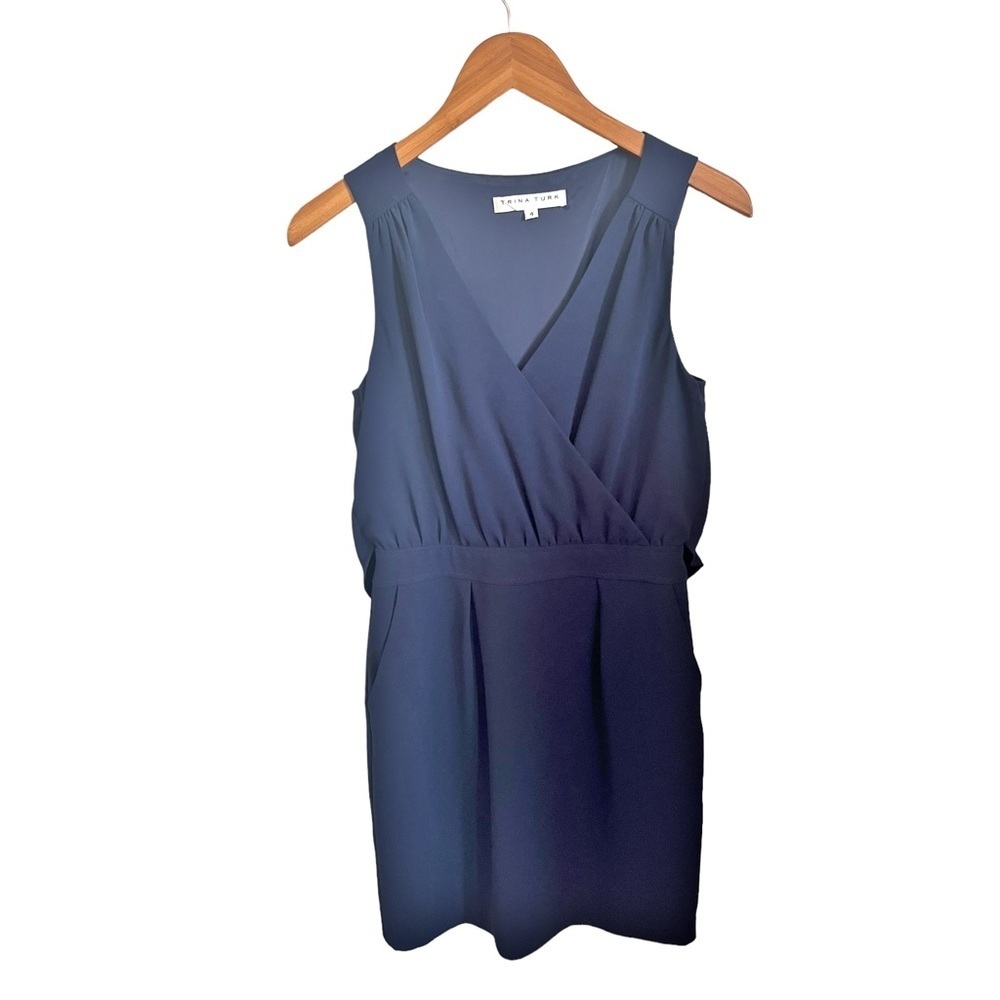 Trina Turk Navy Blue Crossover Cape Back V Neck Versatile Capsule Dress Size 4